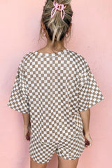 Brown Checkered Top and Short Casual 2pcs Set