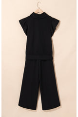 Black Textured Ruffled Sleeve Zipped Top and Wide Leg Pants Set