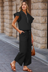 Black Textured Ruffled Sleeve Zipped Top and Wide Leg Pants Set
