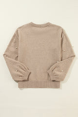 Smoke Gray Pearled Drop Shoulder Round Neck Sweater
