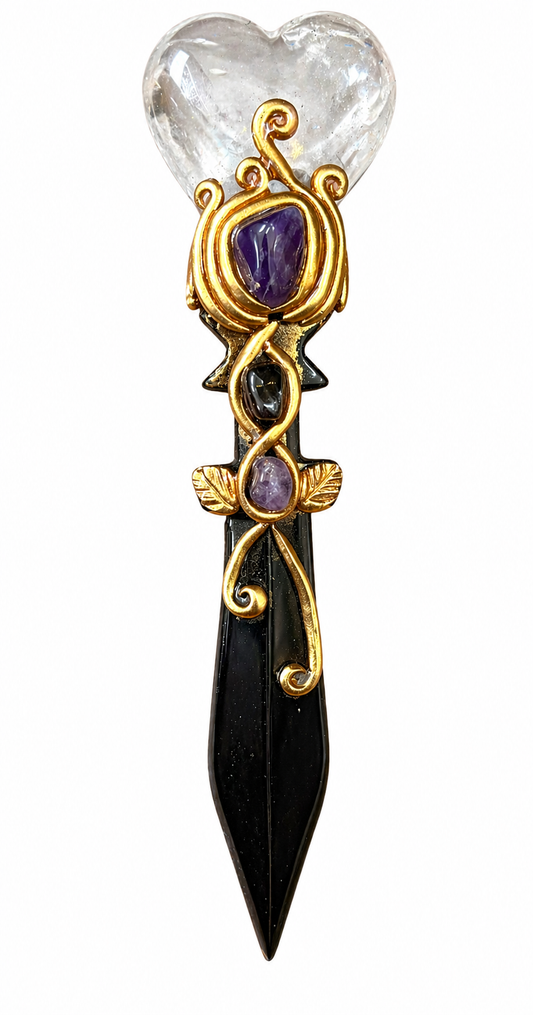 Sacred Quartz Heart Ritual Dagger – Amethyst & Black Agate Energy Blade