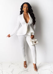 Women's Two Piece Full Sleeve Ruffles Blazers Pencil Pants Suit
