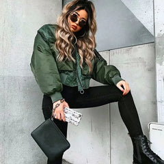 Stylish Green Long Sleeve Zipper Bomber