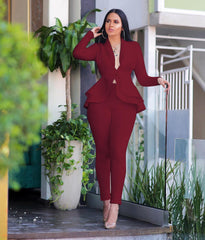 Women's Two Piece Full Sleeve Ruffles Blazers Pencil Pants Suit