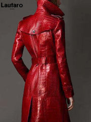 Long Red Crocodile Print Leather Belt Double Breasted Elegant Coat
