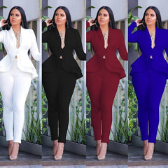Women's Two Piece Full Sleeve Ruffles Blazers Pencil Pants Suit