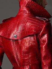 Long Red Crocodile Print Leather Belt Double Breasted Elegant Coat