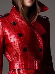 Long Red Crocodile Print Leather Belt Double Breasted Elegant Coat