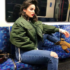 Stylish Green Long Sleeve Zipper Bomber