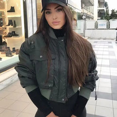 Stylish Green Long Sleeve Zipper Bomber