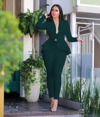 Women's Two Piece Full Sleeve Ruffles Blazers Pencil Pants Suit