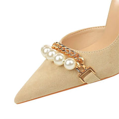 Pearl Chain Black Side Hollow High Heels
