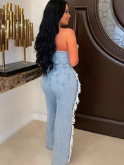 Tassel Hollow Out Overalls Studded Diamond Strapless Backless Jumpsuit