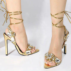 Sexy Ankle Strap Gold Sandals Crystal Pointed Toe Wedding Shoe