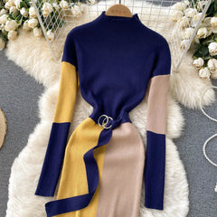 Color Patchwork Long Sleeve Knitted Sweater Dress with Belt