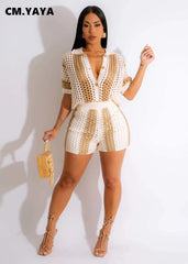 Knit Ribbed Crochet Patchwork Short Sleeve Shirt Sweater + Shorts Two 2 Piece Set