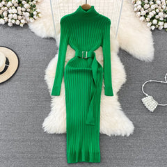 Hot Turtleneck Sexy Wrap Hips Knitted Long Sleeve Dress