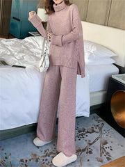 2 Piece Knitted Turtleneck Sweater and Wide Leg Jogging Pant Pullover Set