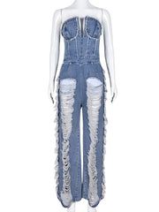 Tassel Hollow Out Overalls Studded Diamond Strapless Backless Jumpsuit