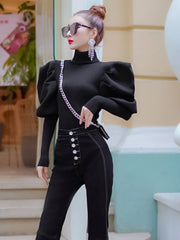 Sexy Long Puff Sleeve Ruched Slim Cotton Shirt