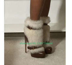 White Faux Fur Buckle Strap Ankle Boots