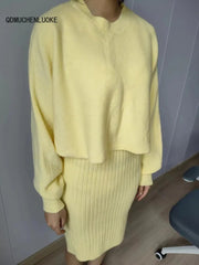 Two Piece Solid Color Sweater Long Sleeved O-neck Set