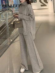 2 Piece Knitted Turtleneck Sweater and Wide Leg Jogging Pant Pullover Set