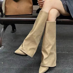 Chunky Leather Knee High Pointy Boots