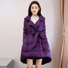 Long Padded Cotton High Low Parka With Belt