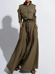 Retro Turn-down Collar Cold Shoulder Half Sleeve w/Belt, Pockets , Split High Waist Maxi Dress