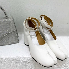 Red Split Toe  Chunky Round Strap Buckle Pumps