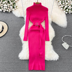 Hot Turtleneck Sexy Wrap Hips Knitted Long Sleeve Dress