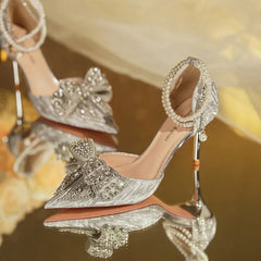 PointedLuxury Rhinestone Bowknot Pearl Buckle Silver High Heel S
