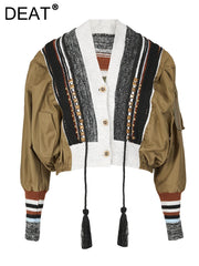 Rivet Patchwork Tassel V-neck Long Sleeve Single Breasted Contrast Color Jacket