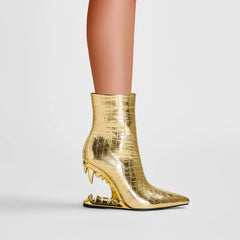 Gold Silver Tiger Teeth Heel Short Pointed Boots
