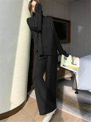 2 Piece Knitted Turtleneck Sweater and Wide Leg Jogging Pant Pullover Set