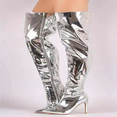 Mirror Platform Pointy Toe Over The Knee High Heeled Boots