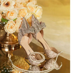 PointedLuxury Rhinestone Bowknot Pearl Buckle Silver High Heel S