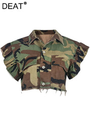 Turn-down Collar Butterfly Sleeve Single Breasted Camouflage Print Short Jacket