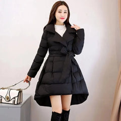 Long Padded Cotton High Low Parka With Belt