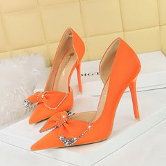 Plus Size Rhinestone Bowknot Red Orange Side Hollow Heels