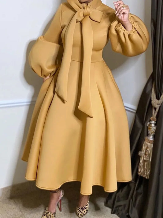 High Waist A Line Long Lantern Sleeves with Bowtie Collar Dress