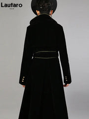Long Black Double Breasted Trench Coat for Women with Gold Trim Sashes