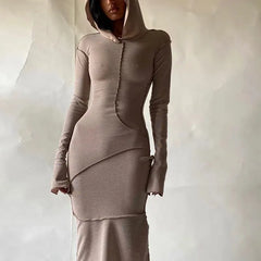 Long Sleeve Streetwear Bodycon Black Long Dress