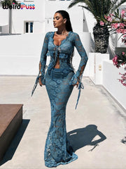 Lace Sheer Women 2Piece Set Bandage Ruffles Cardigan+Mermaid Skirt Set
