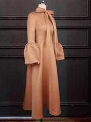 High Waist A Line Long Lantern Sleeves with Bowtie Collar Dress
