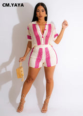 Knit Ribbed Crochet Patchwork Short Sleeve Shirt Sweater + Shorts Two 2 Piece Set