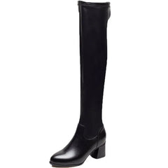 Leather Elastic Thick Heel Slip On Over The Knee Boots