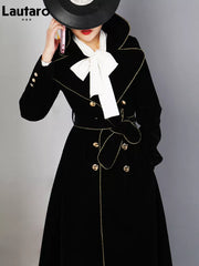 Long Black Double Breasted Trench Coat for Women with Gold Trim Sashes