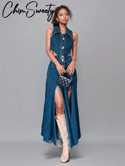 Sexy Denim Hollow Out Sleeveless Turndown Collar Side Split Long Dress